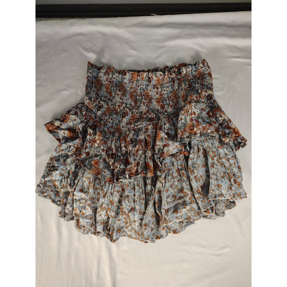 Ultra Flirt Floral Smocked Mini Skirt Blue Rust Boho Tiered Ruffle RW425023 S